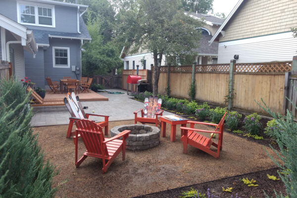 Bozeman Outdoor Living with Firepit, Gardens, Paver Patio and Wood Deck
