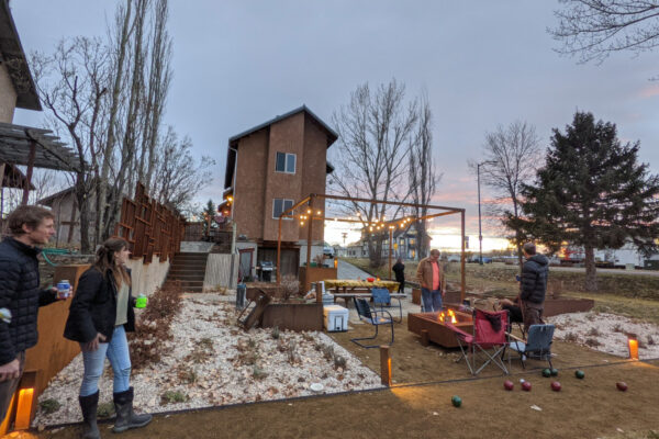 Bozeman Outdoor living Patio and firepit and bocce court