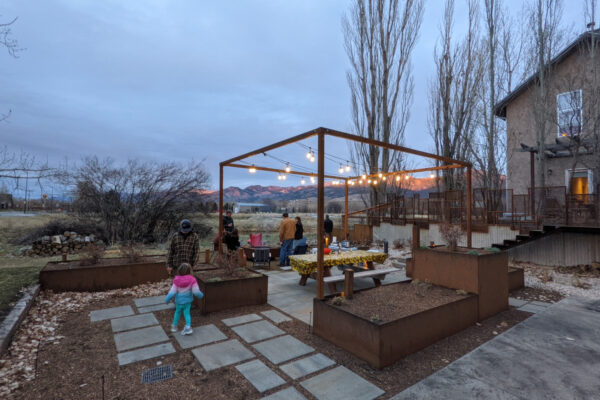 Bozeman steel planters and outdoor lighting and concrete pavers