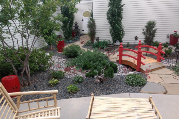 Courtyard Outdoor Living space with Flagstone Patth in Village Dowtown Bozeman