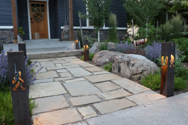Drought Tolerant Landsaping in Bozeman Montana Front Yard Best Landscapers in Bozeman with Path Lighting and Flagstone Walks and Moss Boulders