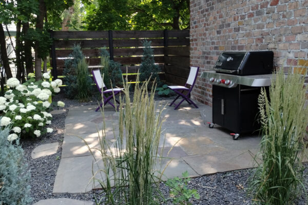 Flagstone Patio and Drought Tolerant Low Maintenance Landscaping in Downtown Bozeman Montana